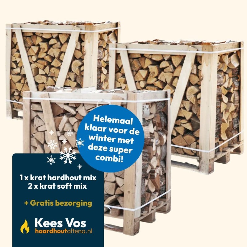 Super combi: 1x Krat hardhout mix + 2x krat soft mix strak gestapeld Kopen | Haardhout Altena