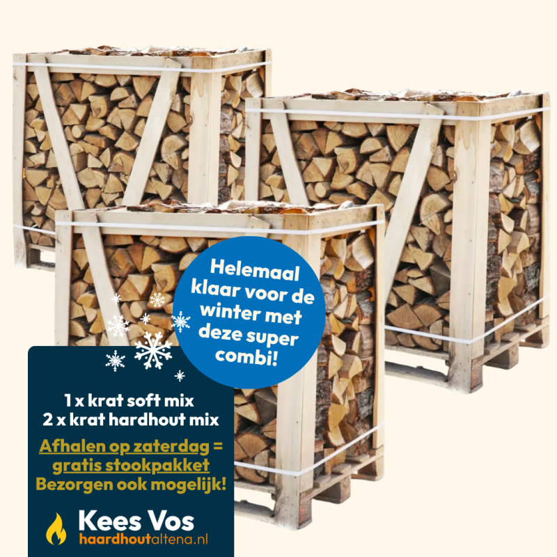 Super combi: 1x Krat soft mix + 2x krat hardhout mix strak gestapeld Kopen | Haardhout Altena