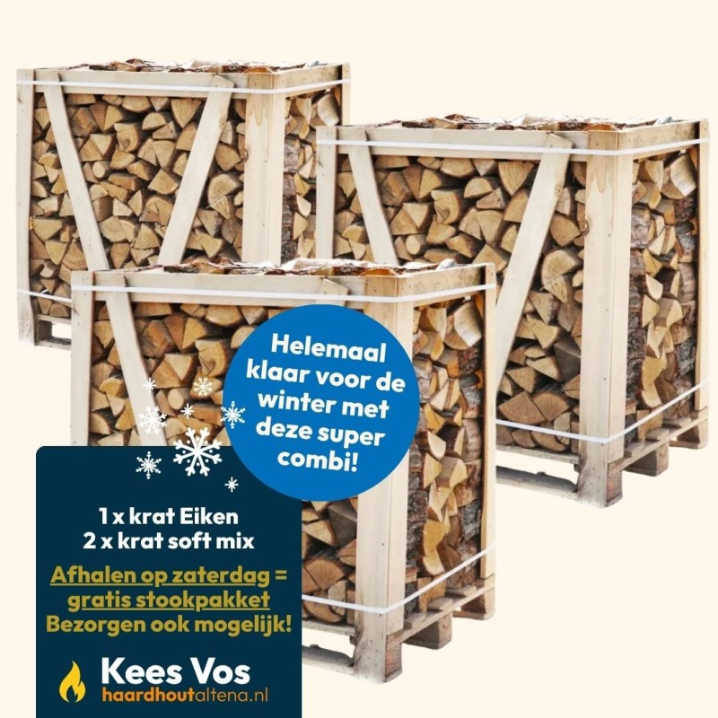 Super combi: 1x Krat Eiken + 2x krat soft mix gestapeld Kopen | Haardhout Altena